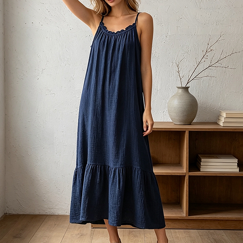 Robe de plage élégante en mousseline, style décontracté, 100% coton, robes maxi rétro, coupe trapèze, sans manches, robe d'été, pour les vacances et les voyages