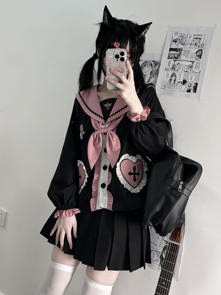 Ensemble deux pièces japonais Kawaii pour femmes, chemisier en dentelle brodée de chat esthétique, grunge + mini jupes plissées dégradées, tenue trempée, Y2K