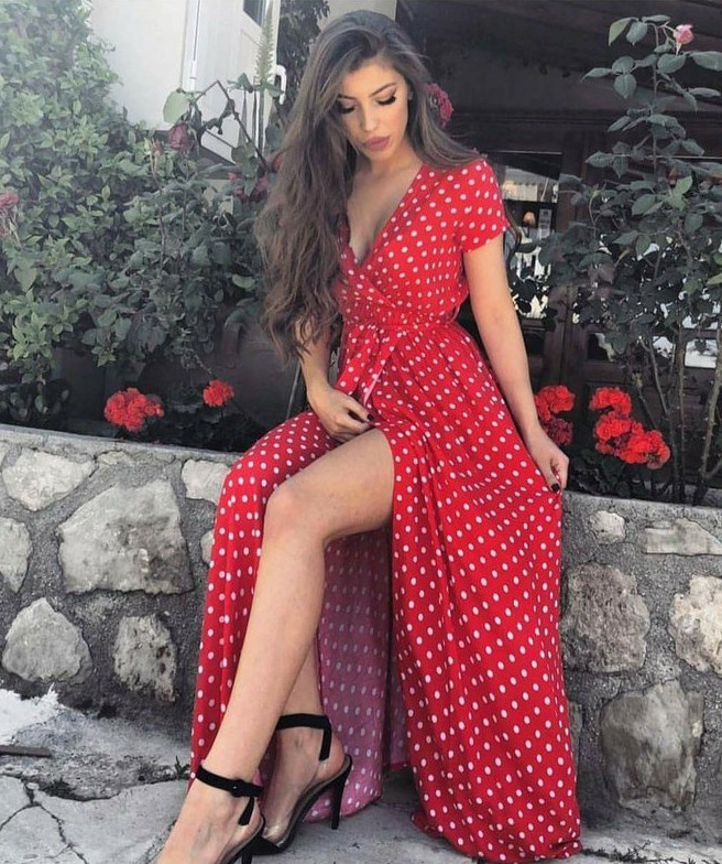 Robe d'été bohème pour femmes, manches courtes, col en v, coupe basse, imprimé à pois, vêtements pour femmes, YFL6256