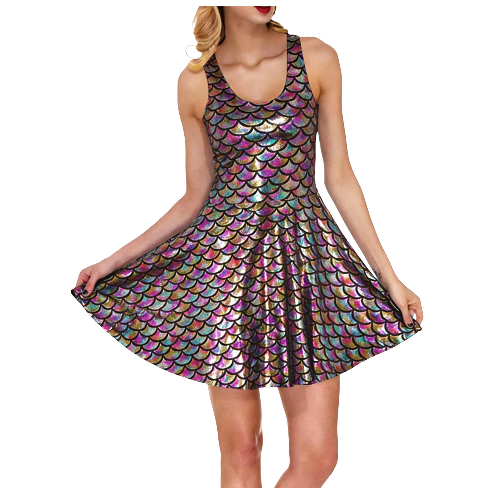Robe de cocktail pour femmes, costume de fête scintillant, robe swing, ligne A, métallique brillante, tenue de festival, cosplay, robe à écailles de poisson