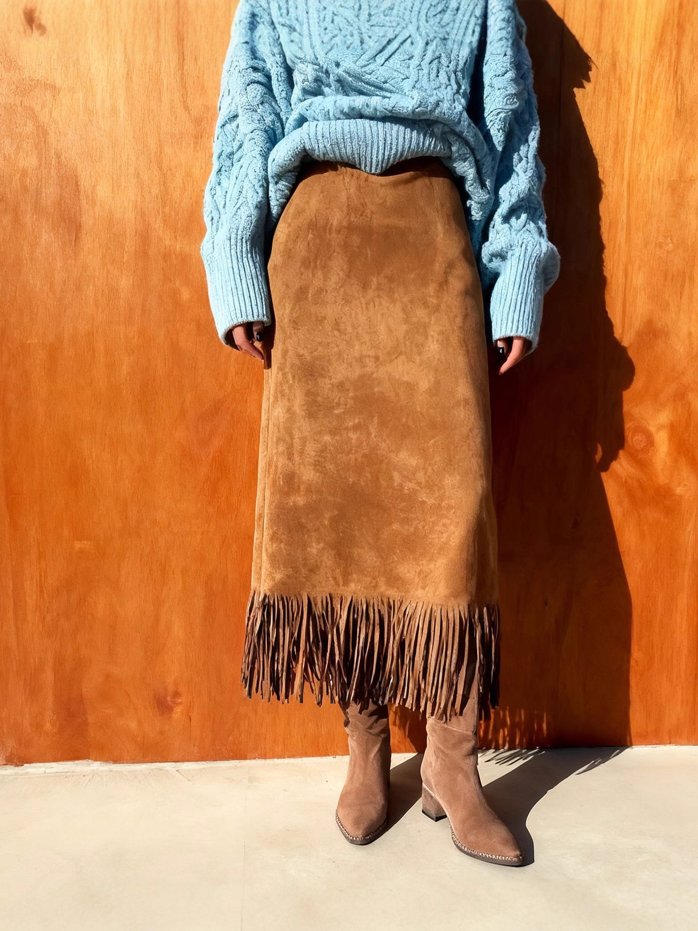 Jupe longue en daim à franges pour femmes, à la mode et élégante, en automne et en hiver, une jupe longue confortable et ajustée