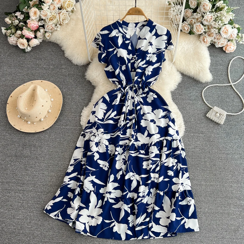 Robe mi-longue à fleurs pour femmes, Vintage, col en v, ourlet à volants, élégante, simple boutonnage, vacances, plage, été, 2026