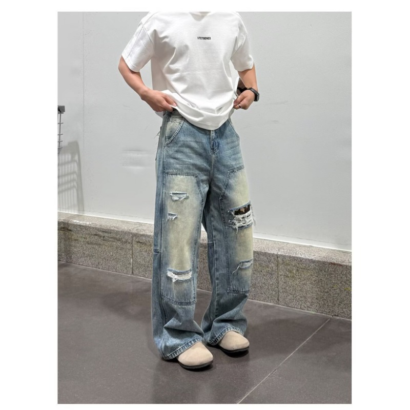 Jean pour homme robuste, délavé, multi-poches, style charpentier, coupe droite ample, décontracté, style urbain