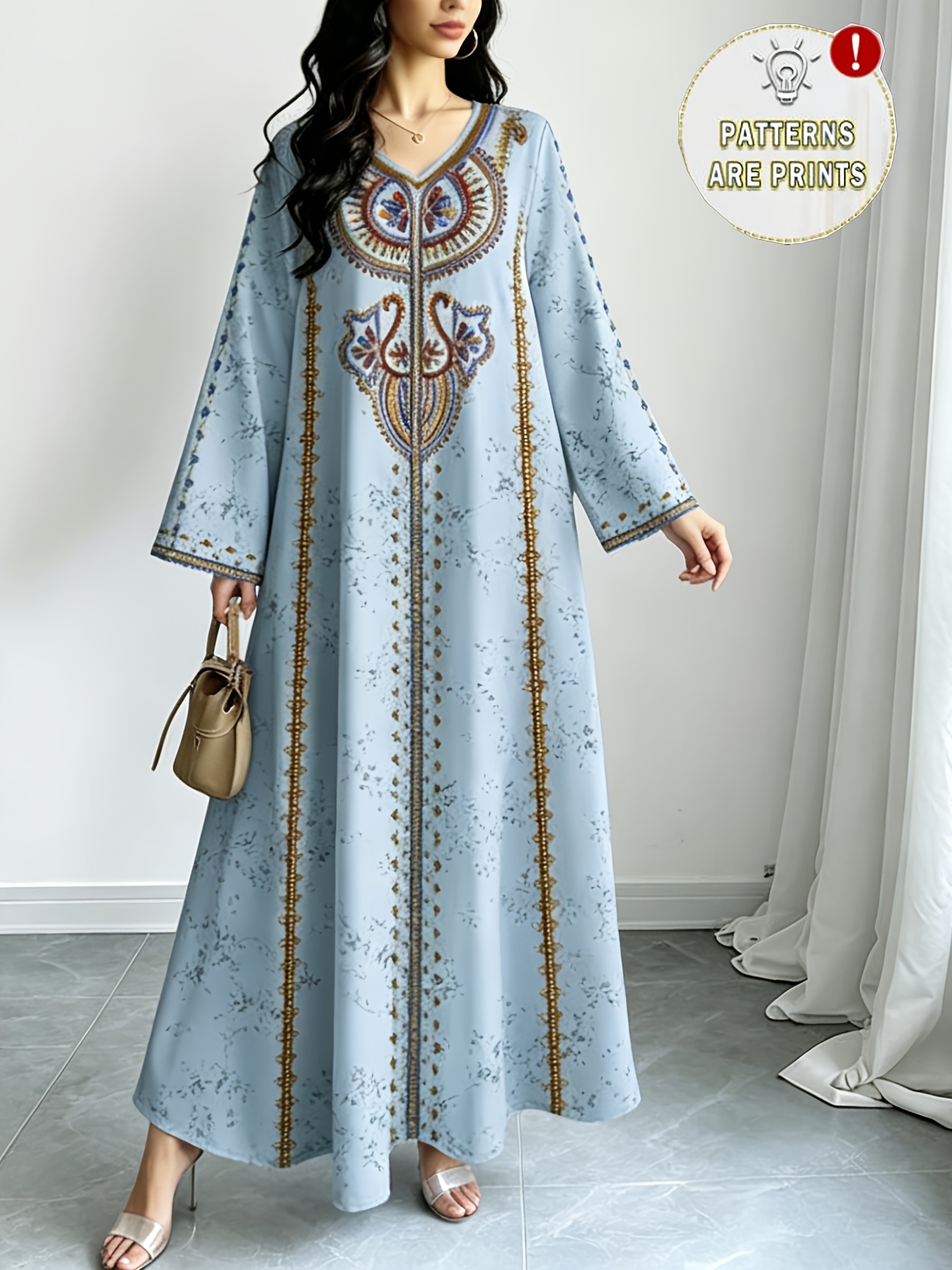 Robe longue élégante du Moyen-Orient, grande taille, imprimé ethnique, confortable et ample, pour femme, idéale pour le quotidien, les loisirs et les vacances, taille S