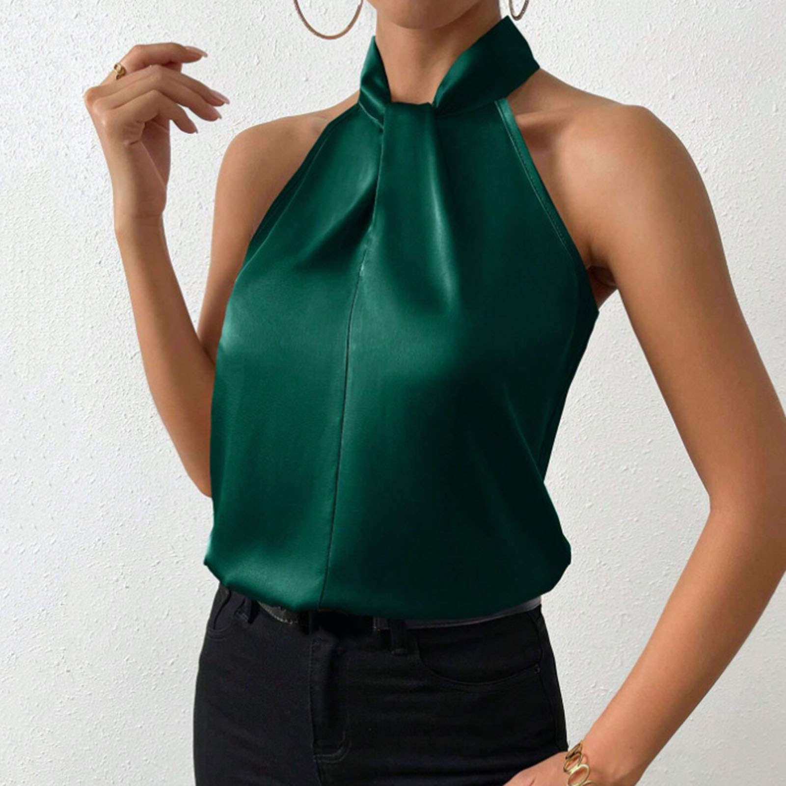 Débardeur en Satin lisse pour femmes, haut d'été, col licou, sans manches, coupe ample, Imitation soie, gilet de fête, de bureau, vêtements de travail