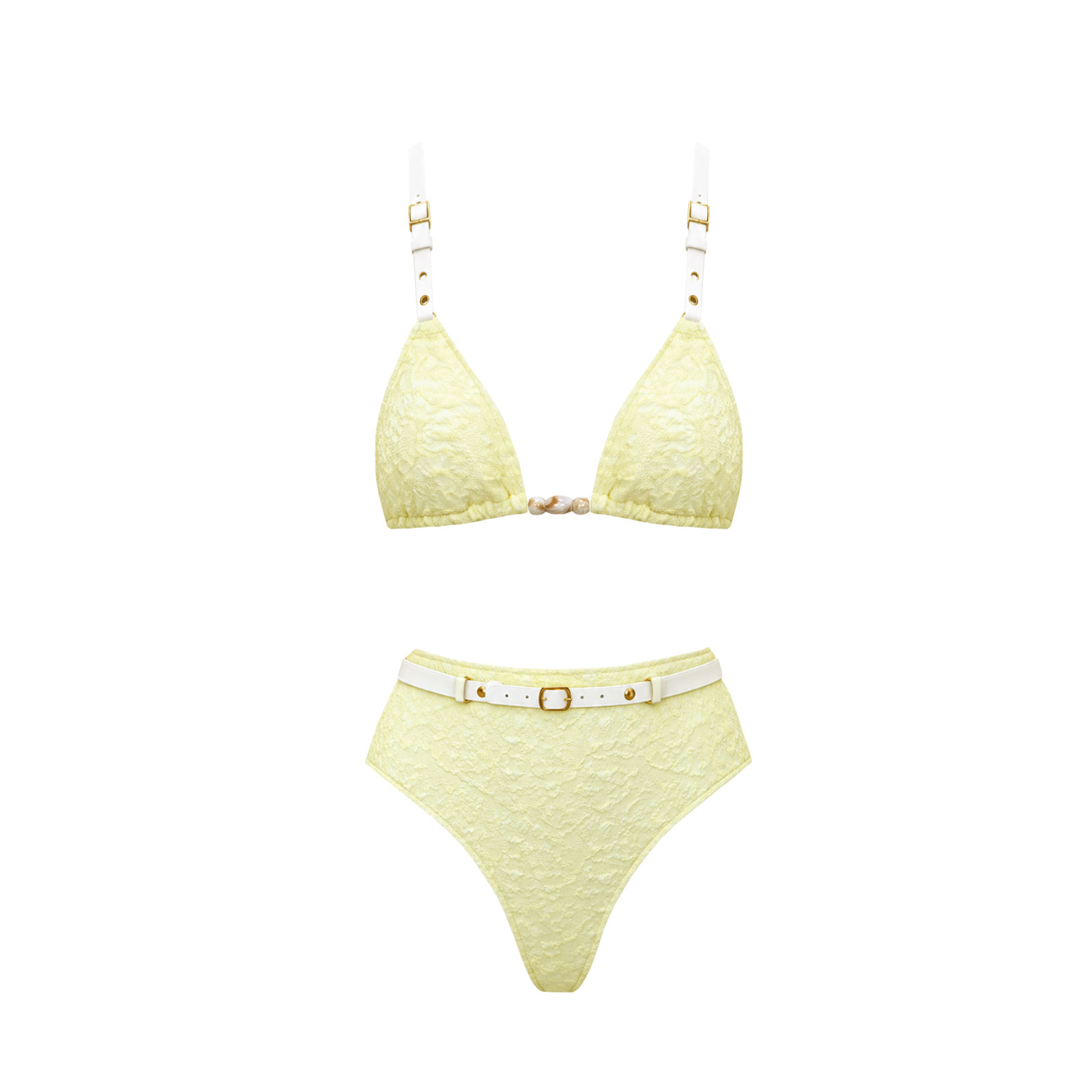 Bikini Triangle Élégant en Maille pour Femme, Maillot de Bain Tendance avec Boucles en Cuir, Biquini Taille Haute pour Femme