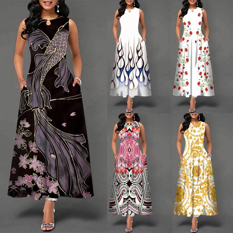 Robe longue décontractée rétro pour femmes grandes tailles avec poches, imprimé floral, robe swing