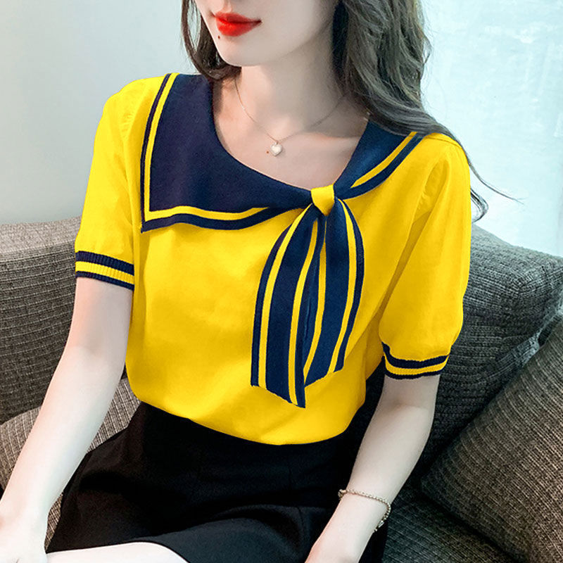 T-shirt décontracté à manches courtes pour femmes, col écharpe, pull tout match, vêtements pour femmes, doux, nouveau, mode, printemps, été
