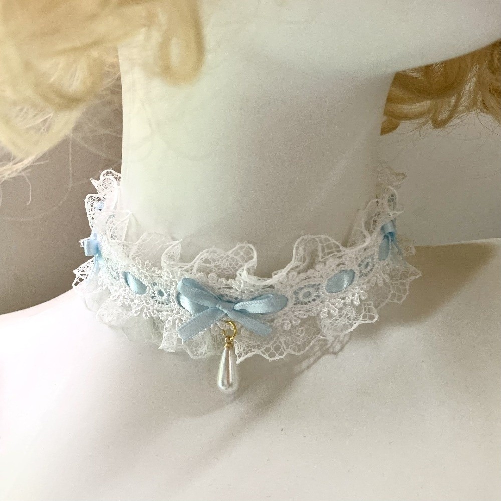 Collier en dentelle Lolita avec nœud en tissu, ruban en satin et pendentif goutte d'eau pour femme