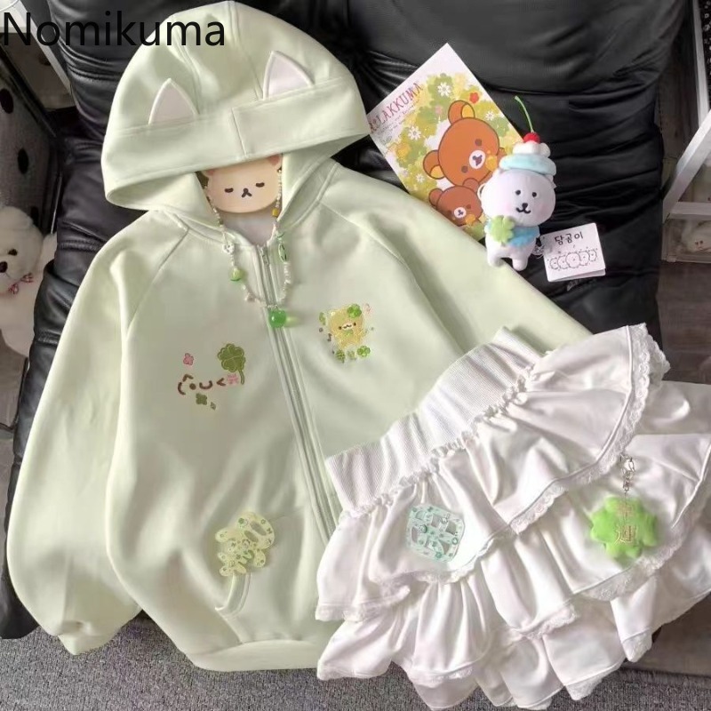Femmes vêtements Anime sweat à capuche zippé vestes chat broderie mignon vêtements d'extérieur à capuche décontracté mode sweats japonais mignon hauts