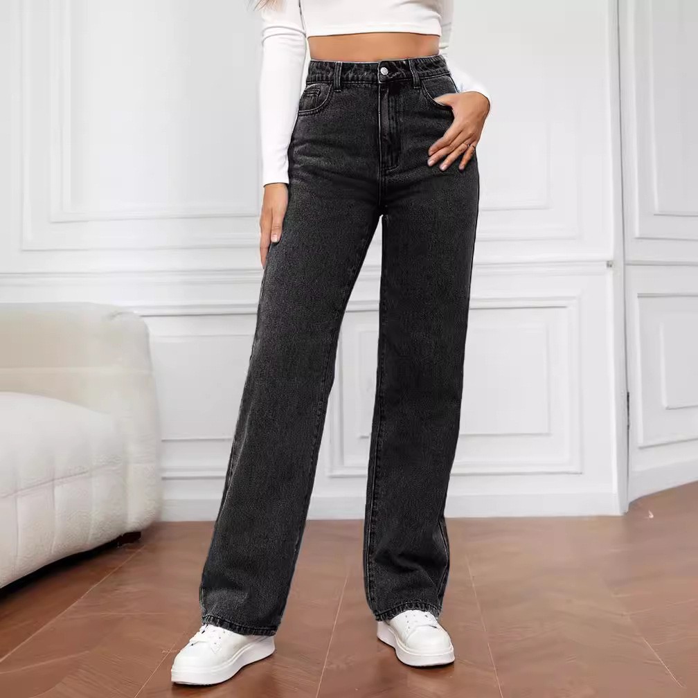 Jeans tendance pour femme - Pantalon long droit taille haute, coupe ajustée, couleur unie, confortable pour l'été