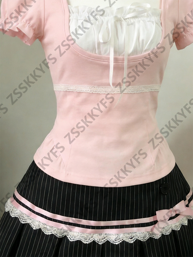Robes décontractées pour femmes, robes élégantes roses mignonnes, robes coréennes des années 2000, t-shirt à nœud doux, jupe courte rayée en dentelle, vêtements Y2k, robe Lolita