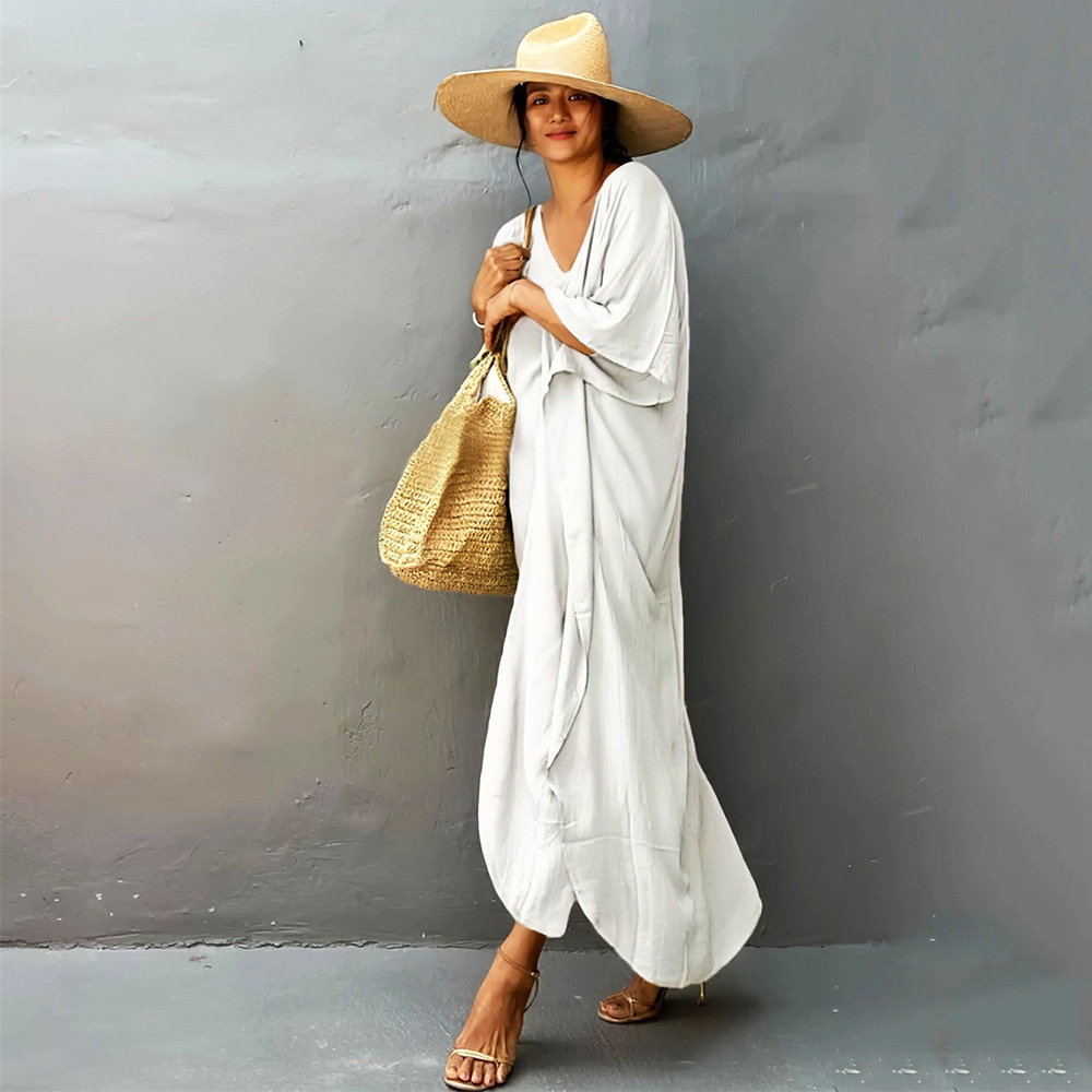 Caftan grande taille pour femme caftans grande taille décontracté col en V Caftans longue robe de plage douce pour l'été