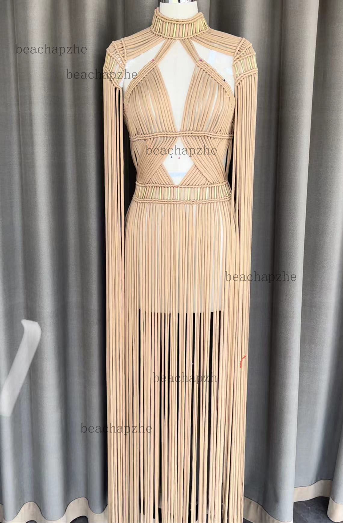 Beachapche-Robe Maxi Blanche à Col Roulé et Pompon pour Femme, Tenue Sexy en Macramé, à la Mode, pour Boîte de Nuit, 2023