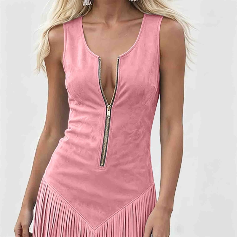 Robe western pour femme, vintage, à franges, zippée, sans manches, moulante.