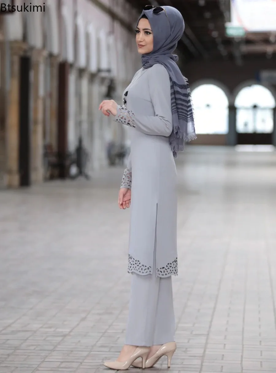 Abaya musulmane pour femmes, ensemble deux pièces ajouré à manches longues et pantalons, vêtements islamiques pour femmes, Kaftan arabe de dubaï, 2026