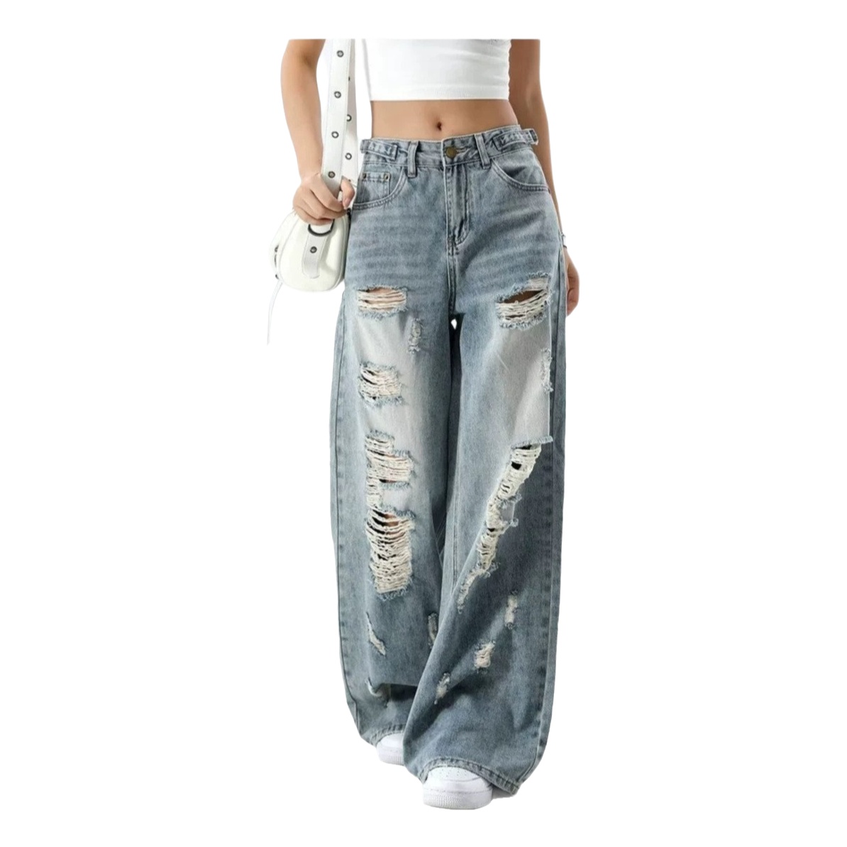 Jean taille haute coupe droite pour femme, pantalon en denim ample amincissant avec déchirures, mélange coton et polyester, pantalon long