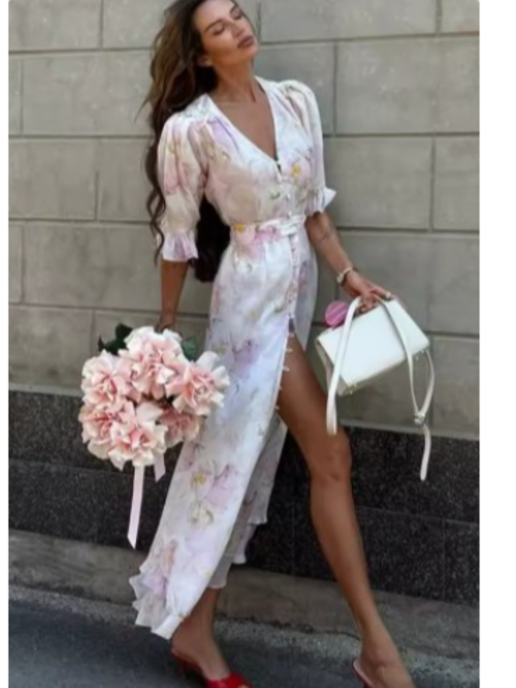 Robe longue sexy pour femme à imprimé orange, chic, avec volants, col en V, ceinture, fente, manches courtes, pour soirée et vacances