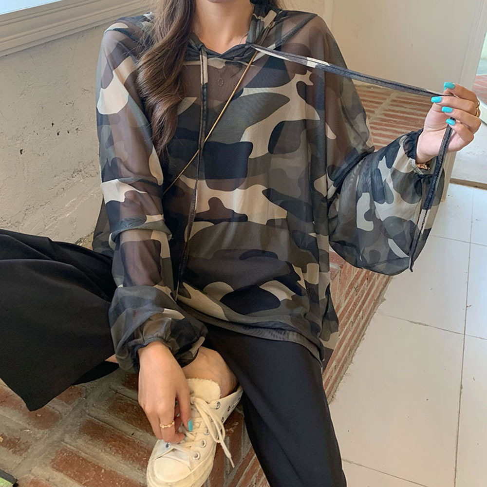 T-shirt à manches longues pour femme, haut en maille Camouflage, léger, surdimensionné, à capuche, Version coréenne, été