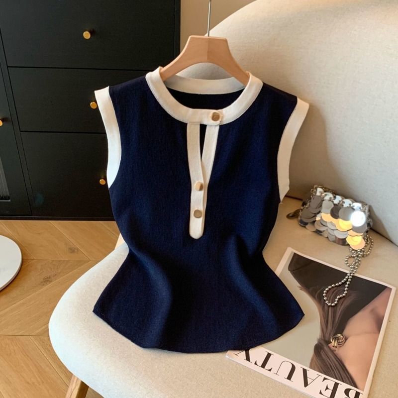 T-shirt sans manches élégant pour femme, col rond boutonné, tricot colorblock, débardeur d'été élastique pour le quotidien