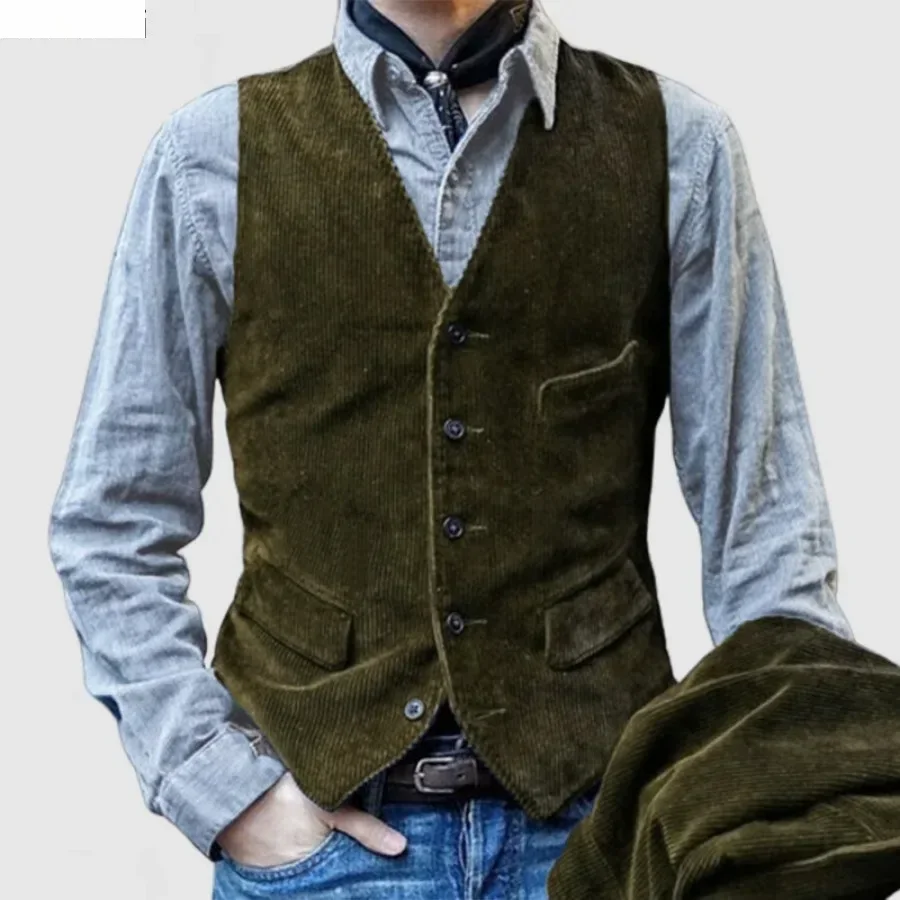 Gilets Vintage pour hommes, gilet en velours côtelé de Style britannique, manteaux décontractés, veste sans manches à simple boutonnage pour hommes, gilet formel