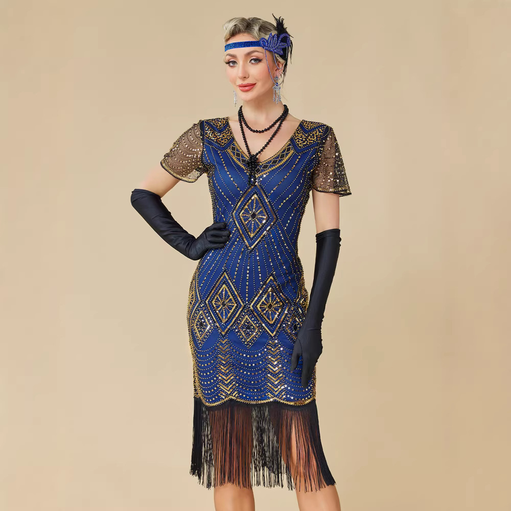 Robe de soirée Charleston des années 20 pour femme, bordeaux, col en V, sequins et franges, costume style Great Gatsby, robe de bal Art Déco des années 1920
