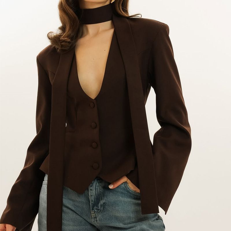 Veste de costume décontractée à manches longues pour femme, nouvelle collection automne 2025, couleur unie, col en V, avec écharpe décorative