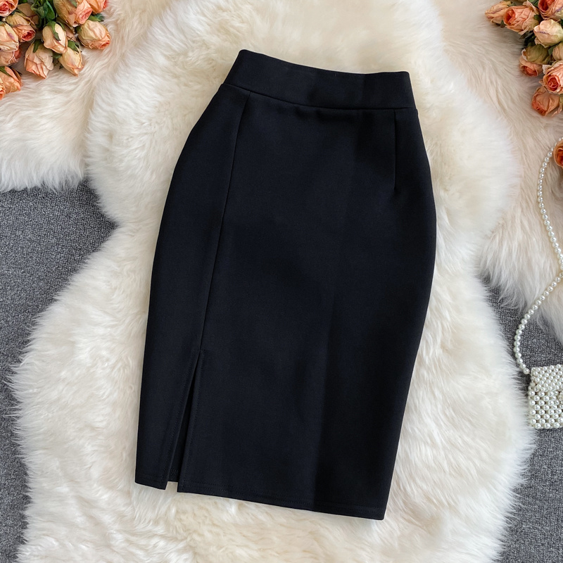 Jupe femme solide taille haute travail jupe crayon 2025 nouvelle mode dames coupe ajustée fendue bureau OL jupe gris rouge noir jupes
