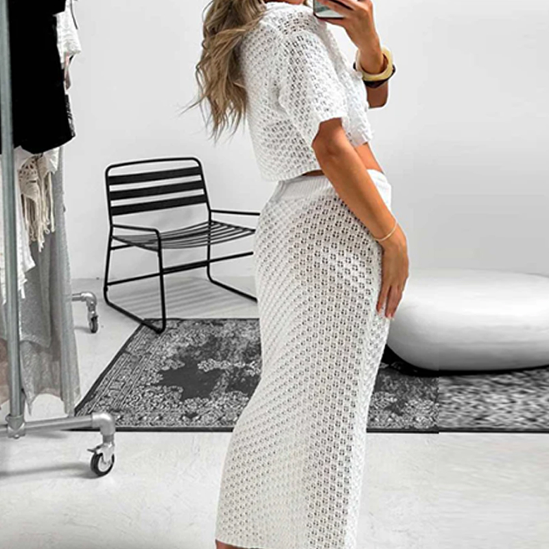 Femmes nouveau Style 2 pièces vêtements de plage couvrir couleur unie tricoté tenues ensemble vacances plage évider crème solaire haut jupe costume
