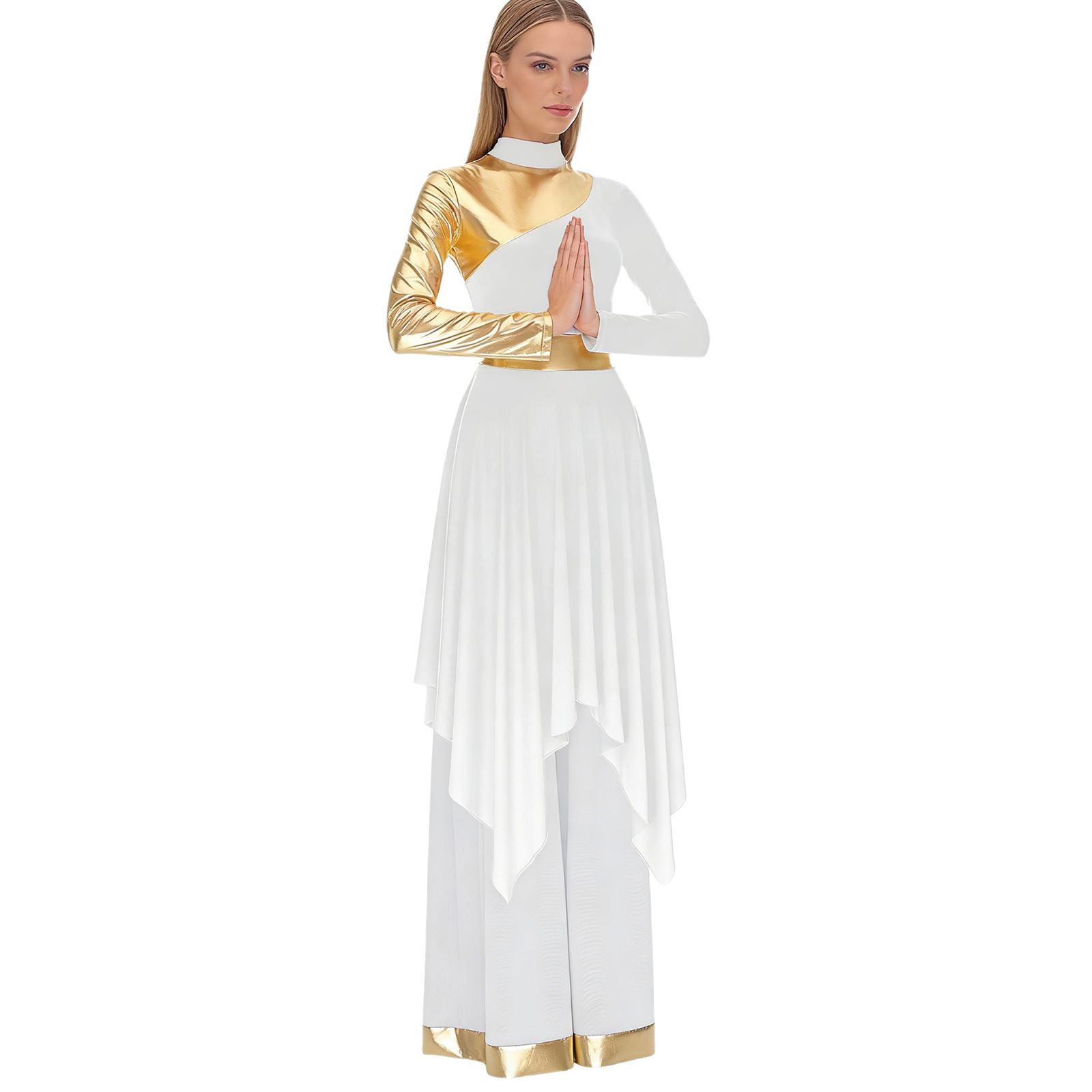 Tenue de louange de culte liturgique pour femmes, robe à manches longues avec pantalon à jambes larges pour la danse lyrique moderne, spectacle de chorale d'église