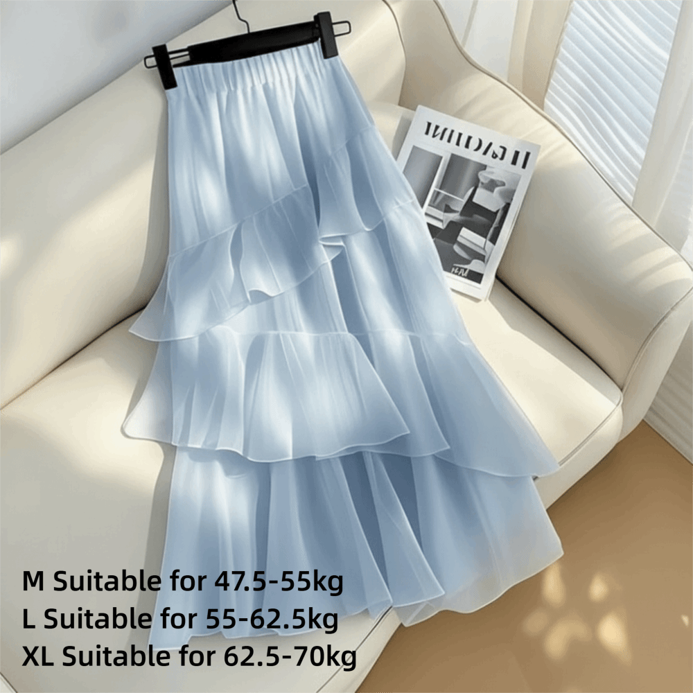 Jupe longue bleue tendance à volants, taille haute, coupe trapèze, style décontracté, jupe à étages pour femme