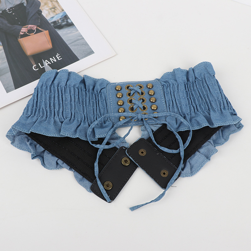 10x66cm élégant volants larges ceintures Denim bleu à lacets taille ceinture Vintage élastique ceinture tenue décontractée manteau ceinture pour les femmes