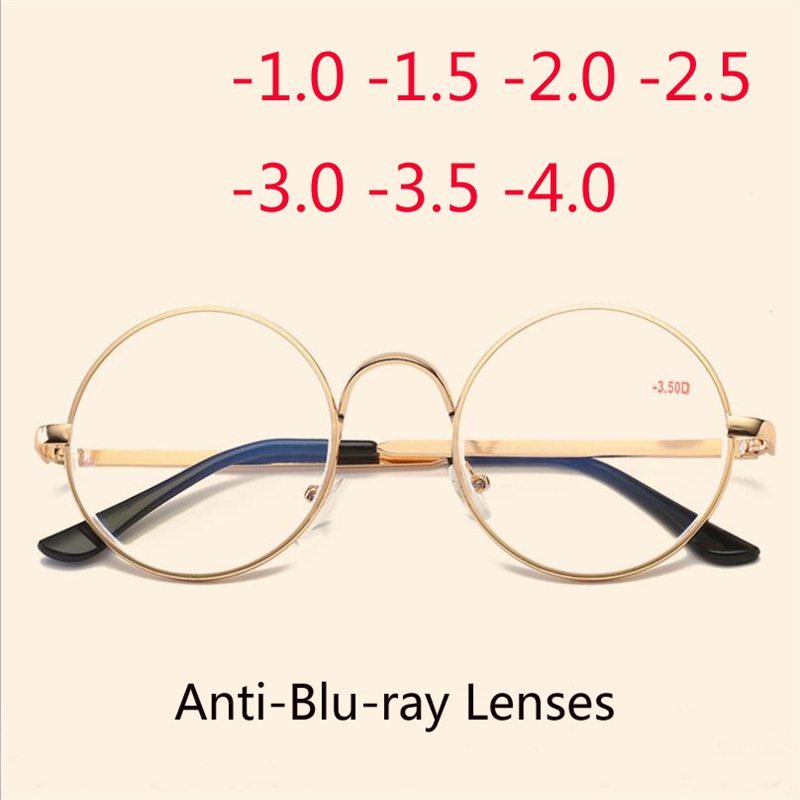 Lunettes rondes en métal pour myopie, monture dorée, avec degrés, pour femmes et hommes, Anti-lumière bleue, lunettes de Prescription à courte vue-1.0 -1.5 à-4.0