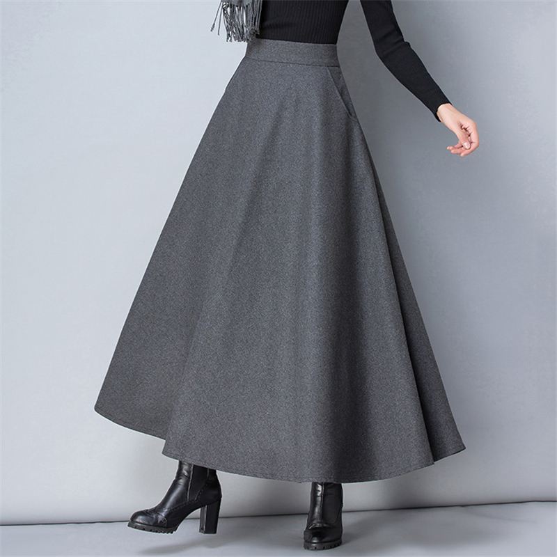 Jupe longue en laine taille haute pour femme, jupes en laine basique, optique décontractée féminine, élastique chaude, jupes maxi A-Line, mode hivernale, O839