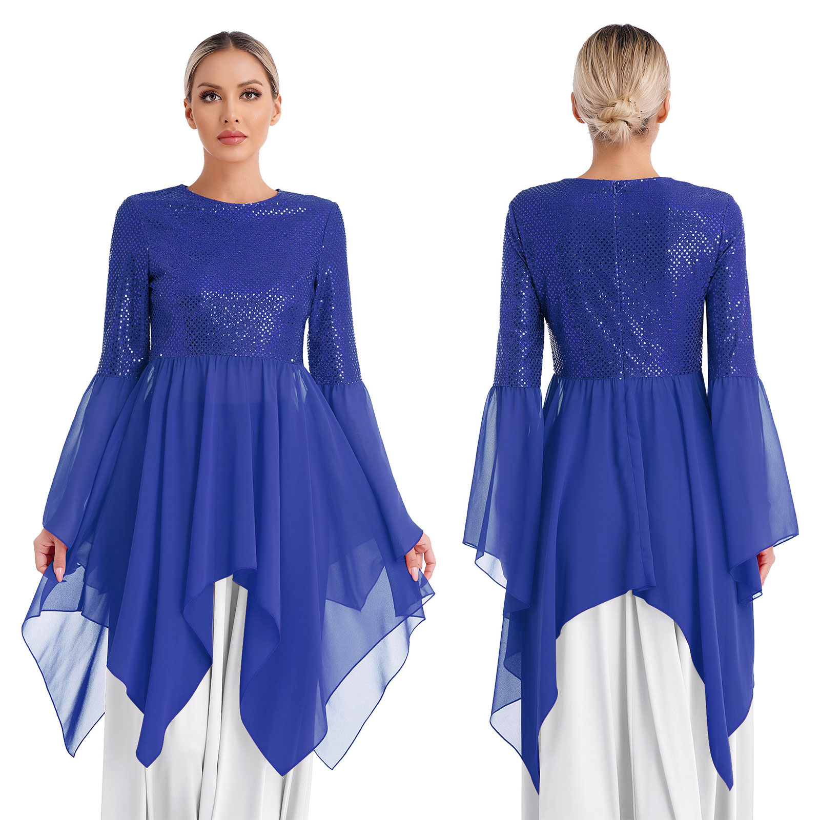 Robe de culte liturgique en mousseline de soie pour femmes, tunique de danse de louange, superpositions à ourlet irrégulier, Costume de danse moderne, Costume de Festival d'halloween