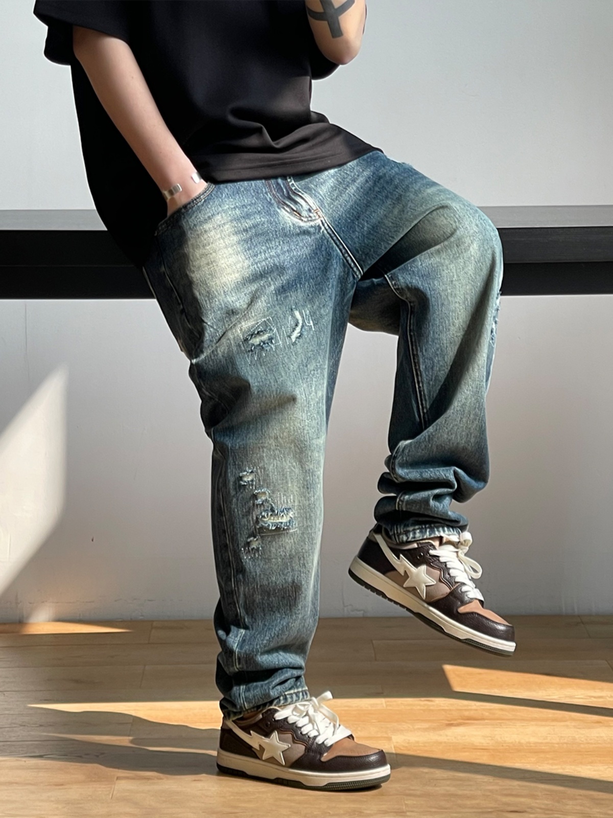 Mode coréenne déchiré Baggy jean pour hommes vêtements Vintage haute qualité Denim Cargo pantalon Harajuku décontracté pantalon en détresse