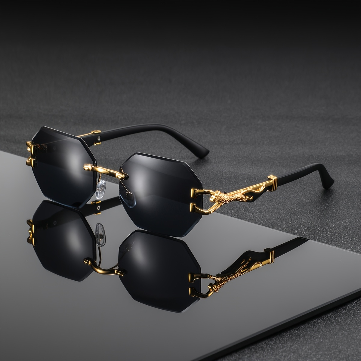 Lunettes de soleil carrées sans monture tendance et luxueuses, unisexes, avec décor léopard en métal sur les branches, pour hommes et femmes