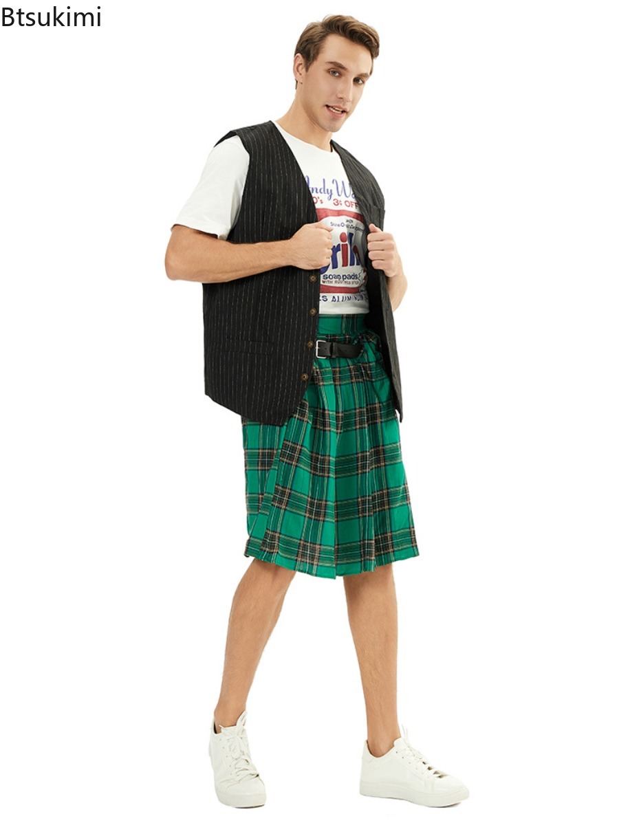 Kilt traditionnel écossais pour homme avec ceinture bilatérale, tartan des Highlands, plissé, pantalon-jupe gothique punk hip-hop avant-garde pour homme