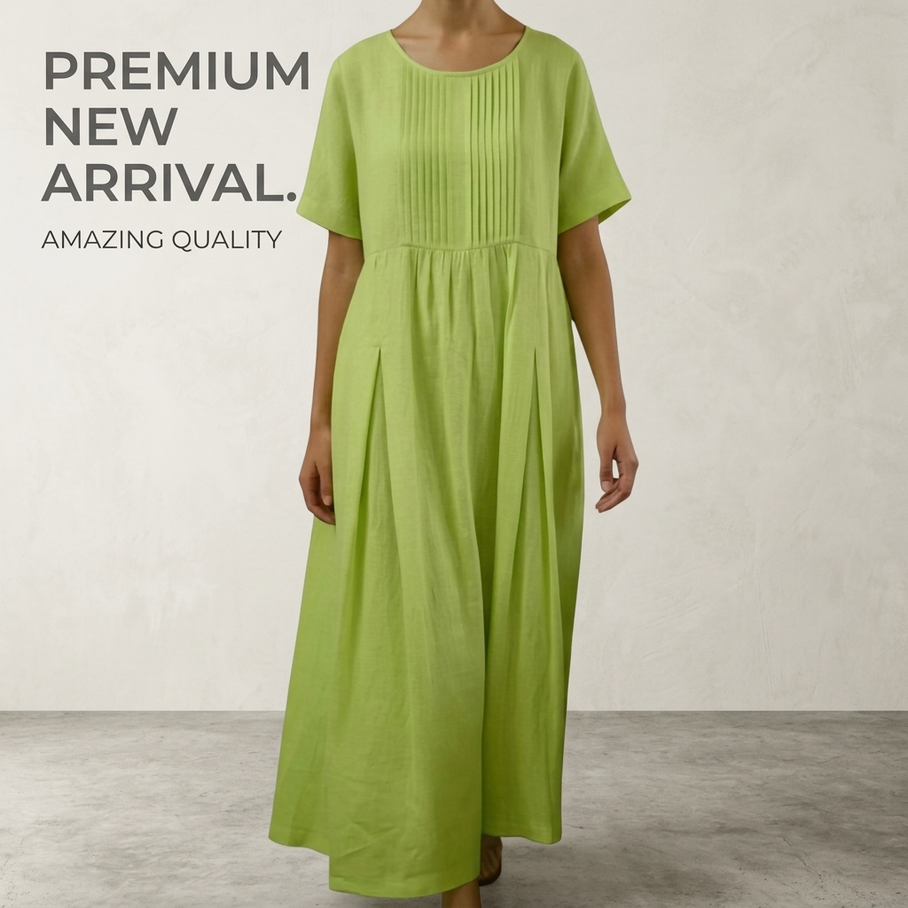 Robe en coton et lin pour femmes, plissée, couleur unie, manches courtes, décontractée, mi-longue, style pull-over.