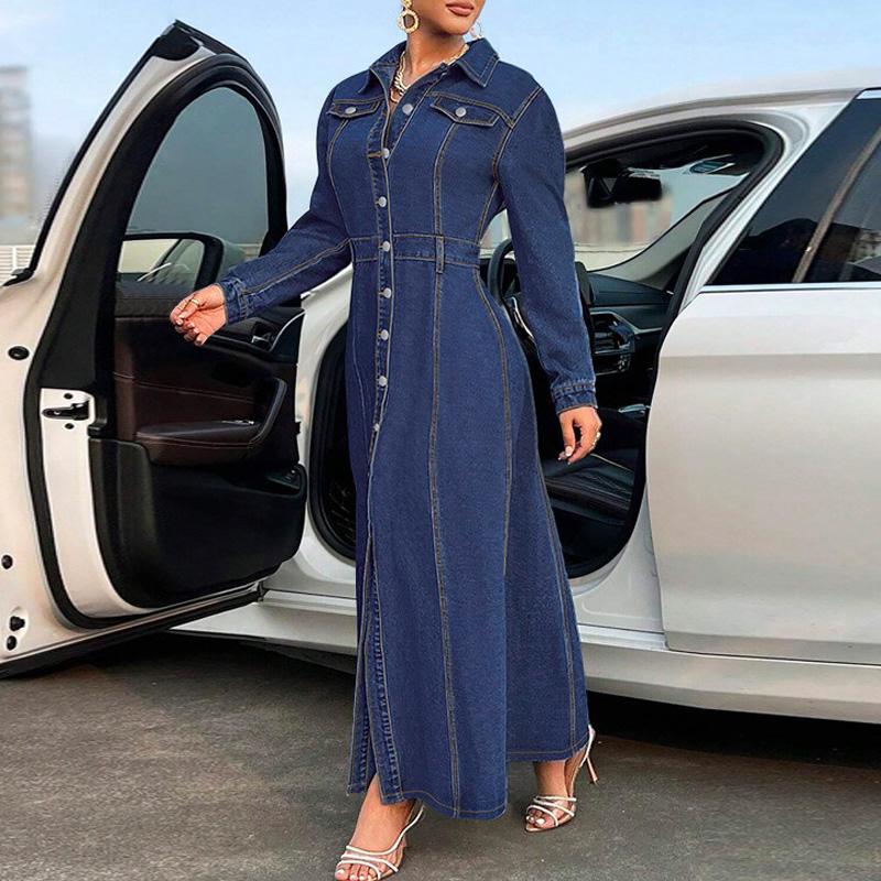 Benuynffy grande taille Vintage lavé Denim robe longue femmes automne 2025 nouveau simple boutonnage à manches longues rue Jean robes