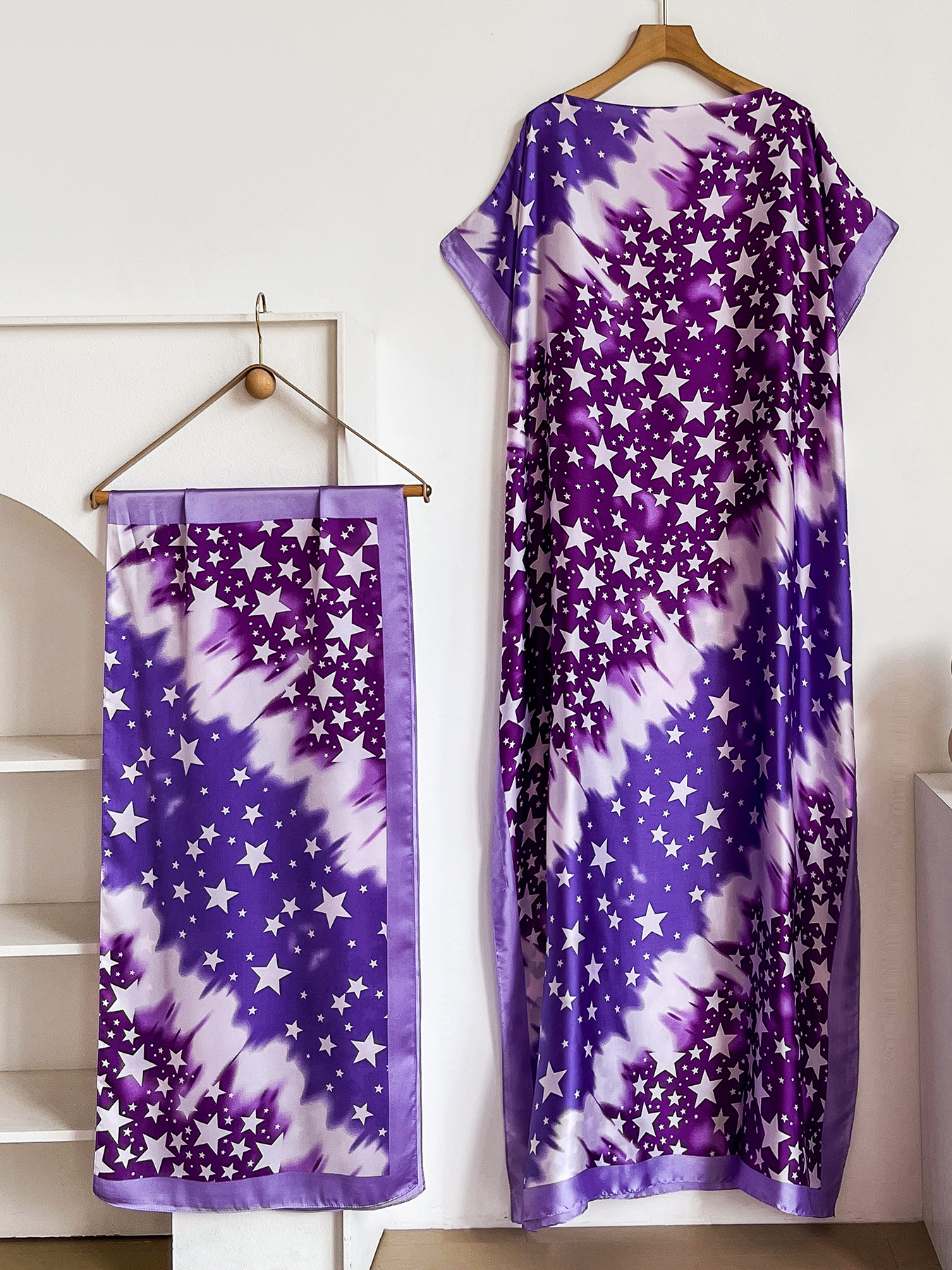Abaya d'été bohème à imprimé tie-dye avec foulard assorti, robe maxi kaftan ample pour femmes musulmanes africaines, tenue de plage pour les vacances
