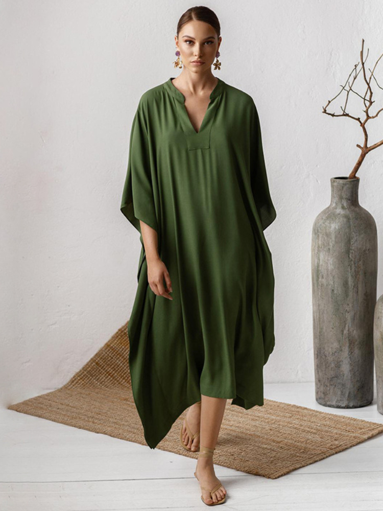 Robe longue de plage ample, Cover-Up pour les maillots de bain, Kaftan, tunique de plage, couleur unie, col en V, élégante, été