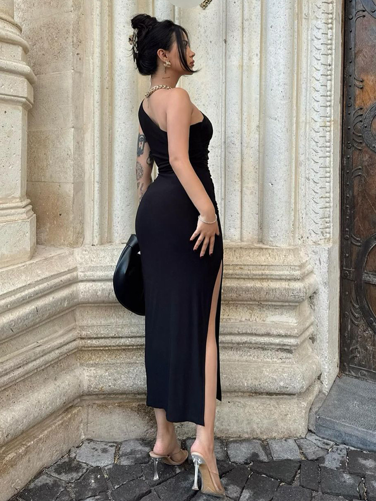 Robes longues sexy fendues noires sans manches dos nu pour femmes, robes d'été élégantes à épaules dénudées pour soirées et clubs