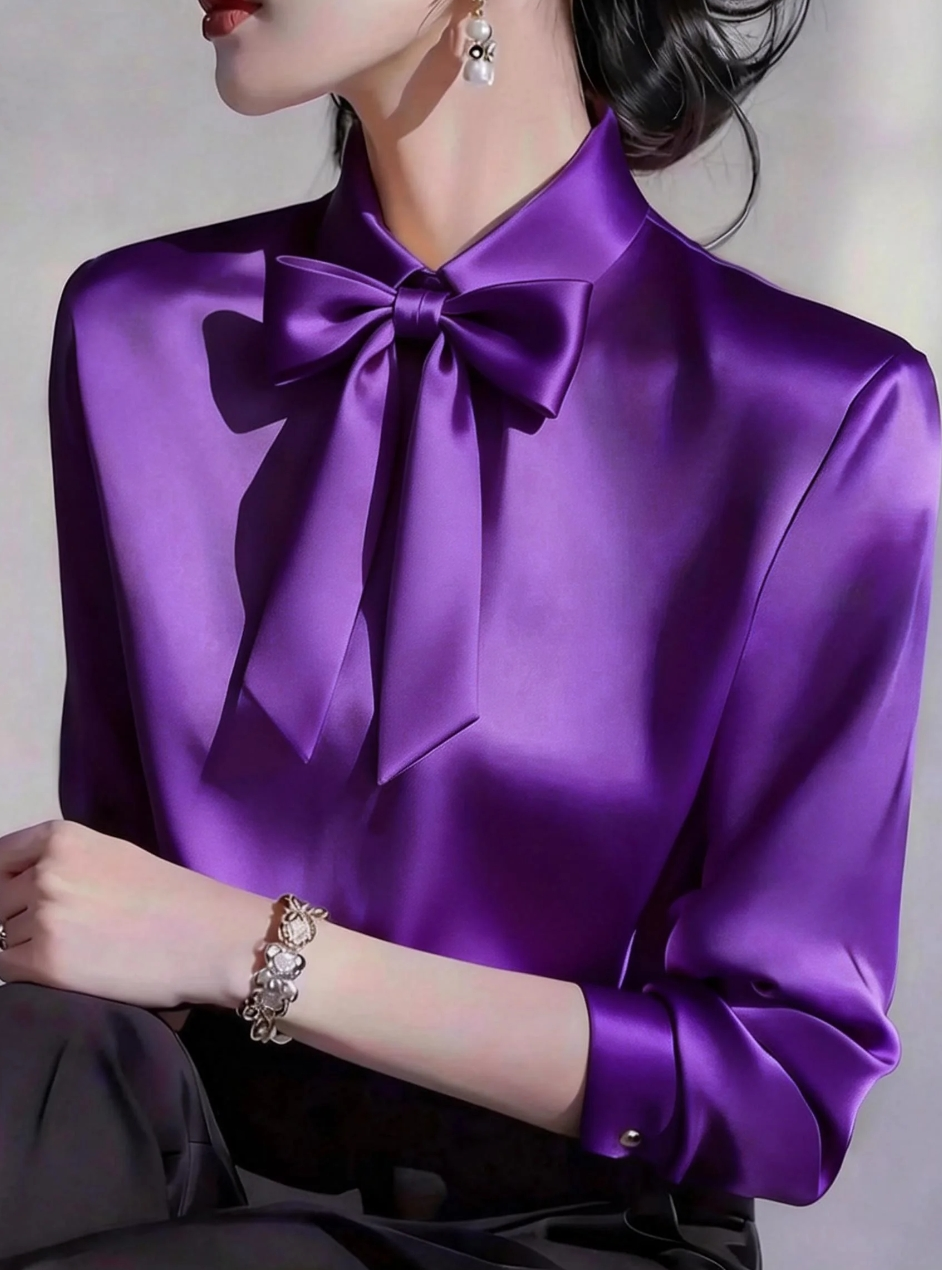 Chemise élégante en satin à nœud papillon pour femmes, manches longues, chemise de bureau formelle