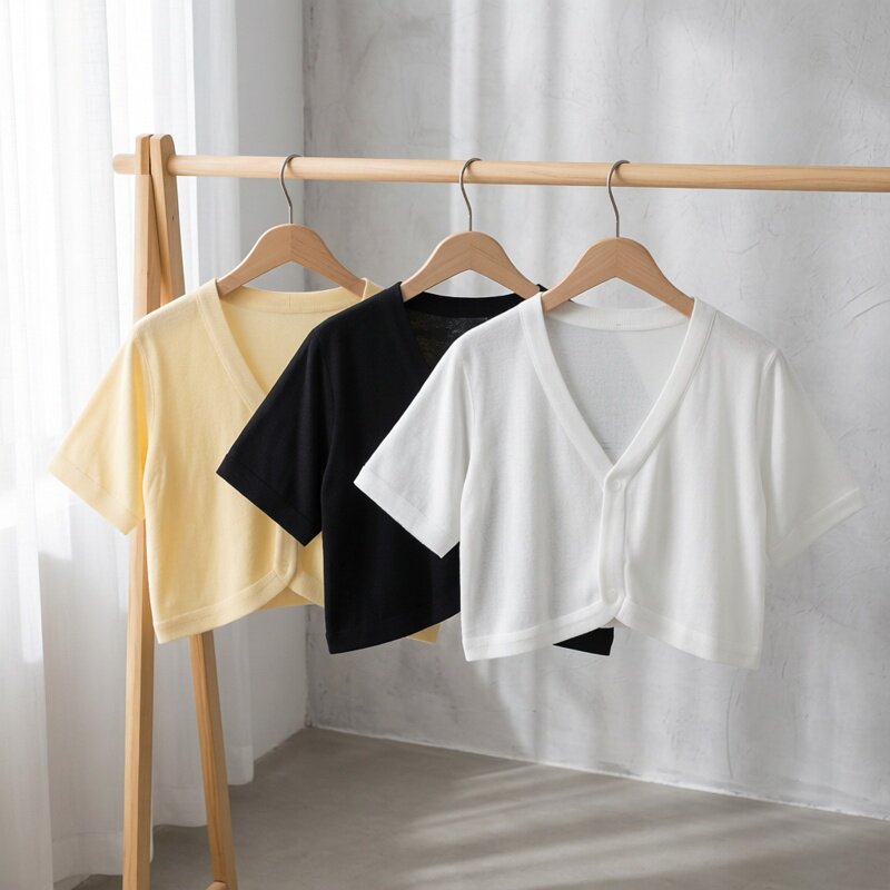 OupillJerseile-Cardigan d'été pour femmes, chemisiers courts, style coréen, col en v mignon, manteau noir BEmbed o femme basique