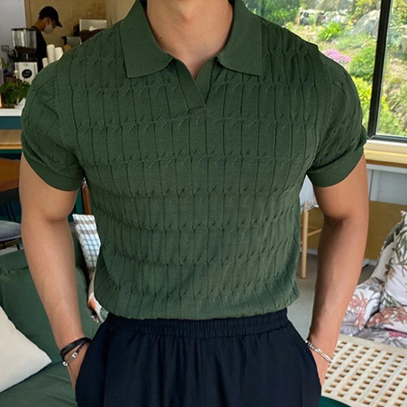 Polo jacquard à rayures pour hommes, T-shirt décontracté à col en V et à manches courtes, vêtement de luxe léger et respirant