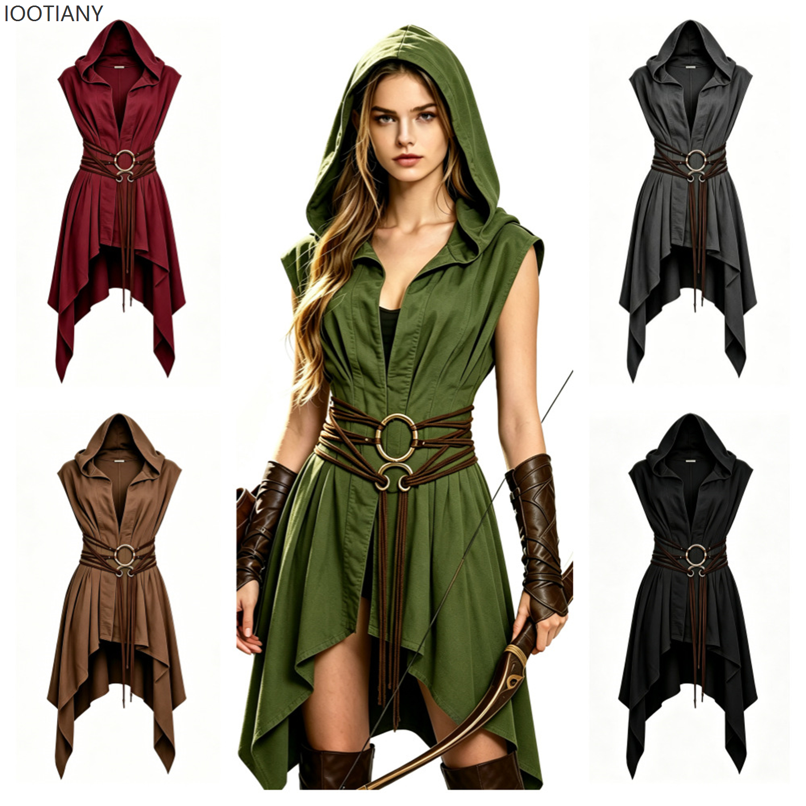 Robe tunique à capuche pour femme, style elfe médiéval, sans manches, ourlet irrégulier, ceinture en corde vintage, tenue de cosplay de chasseur gothique de la Renaissance.