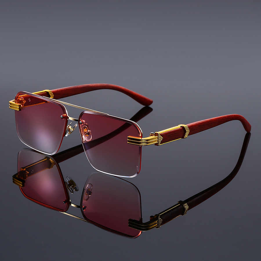 Lunettes de soleil carrées sans monture de luxe pour hommes – Monture dorée avec branches couleur bois, lunettes rétro style business et streetwear pour les passionnés de mode