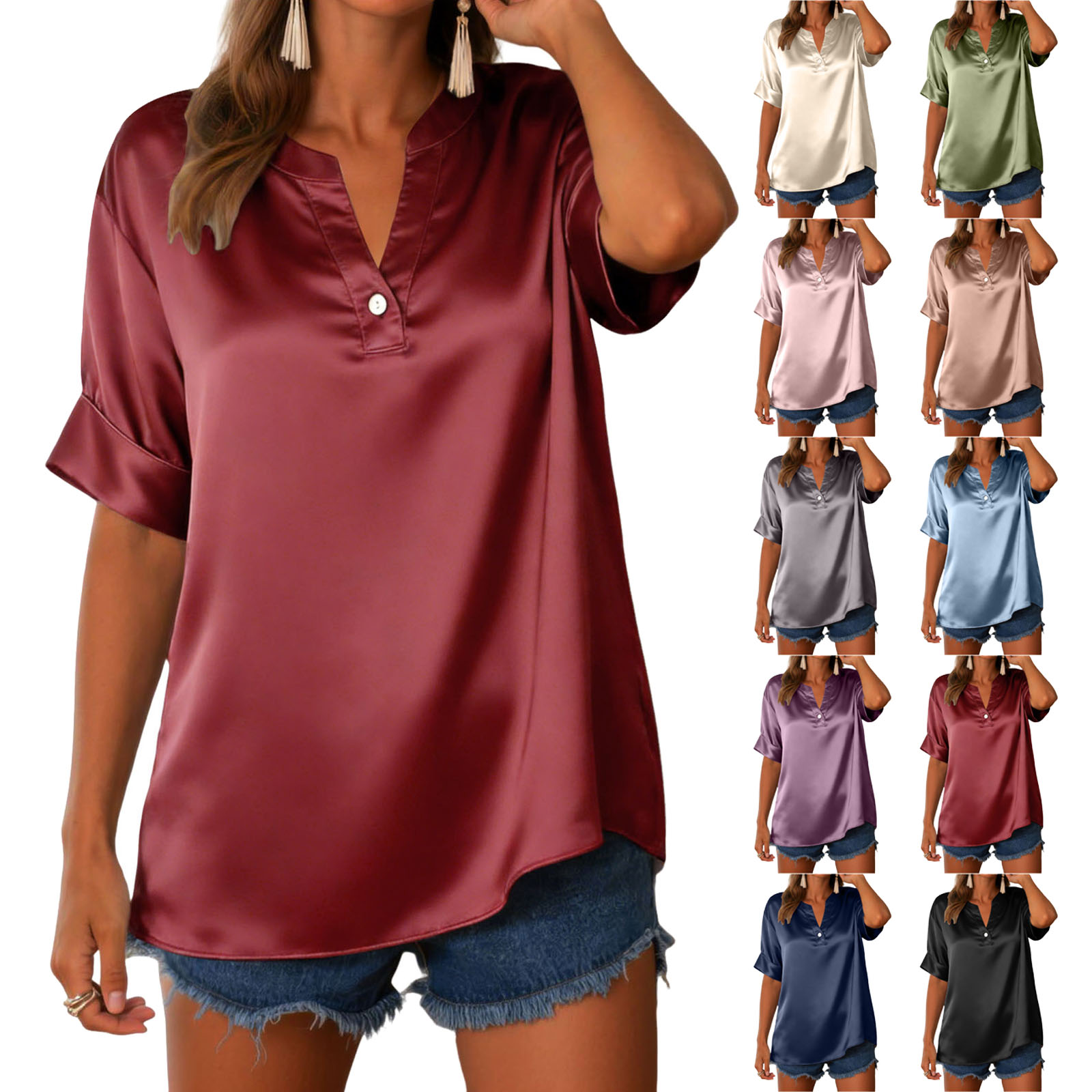 Chemisier d'été à manches courtes pour femme, chemise boutonnée en satin, haut décontracté chic à col en V pour femme