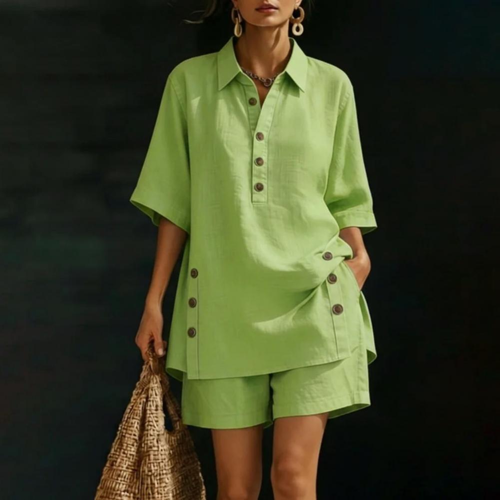 Ensemble en coton et lin pour femmes, chemise à manches courtes boutonnée et short large, tenue 2 pièces, été, décontracté, plage, ensemble de détente